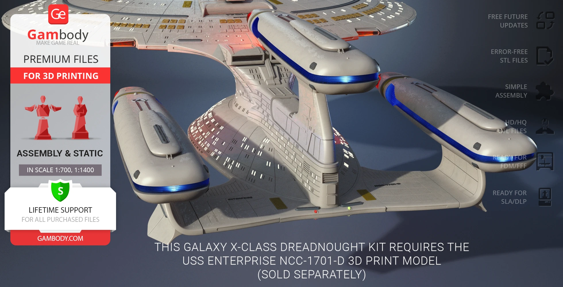 A detailed model of a Galaxy X-Class Dreadnought from Star Trek with 3D printing instructions.