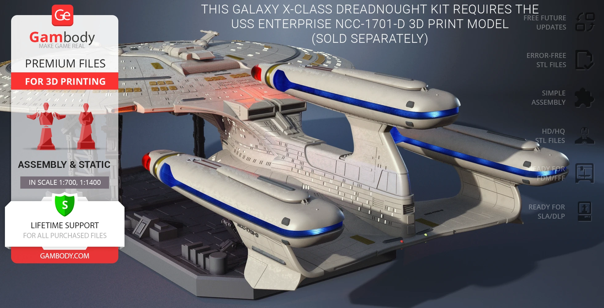 A detailed 3D model of the Galaxy X-Class Dreadnought starship from Star Trek, ready for 3D printing.