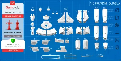 Star Trek Galaxy X-Class Dreadnought 3D model kit components on a blueprint-style layout for assembly.