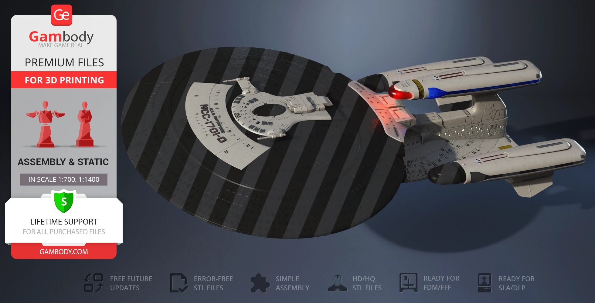 Futuristic spaceship model for 3D printing, inspired by a Star Trek Dreadnought.