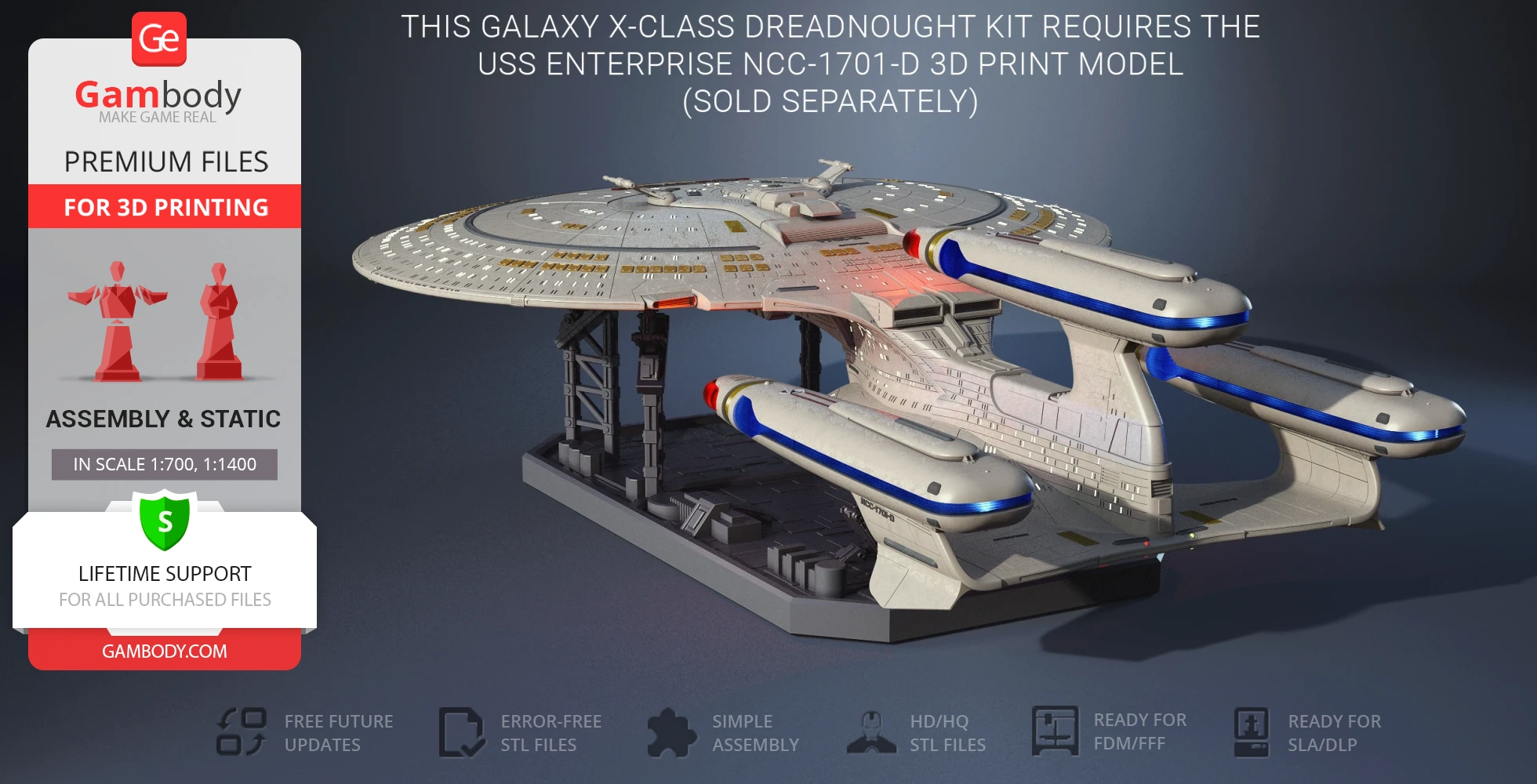Futuristic starship model kit for 3D printing, resembling a Star Trek galaxy-class vessel.