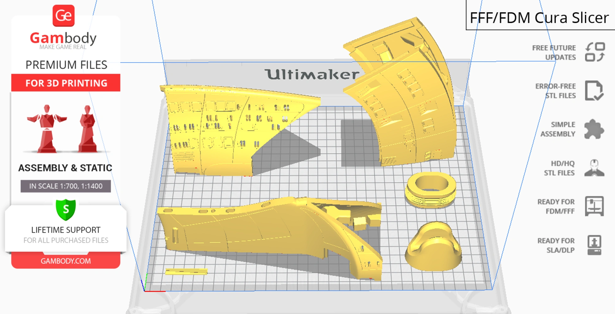 Starship parts for 3D printing, displayed in Cura slicer for assembly, labeled 'Galaxy X-Class Dreadnought.'