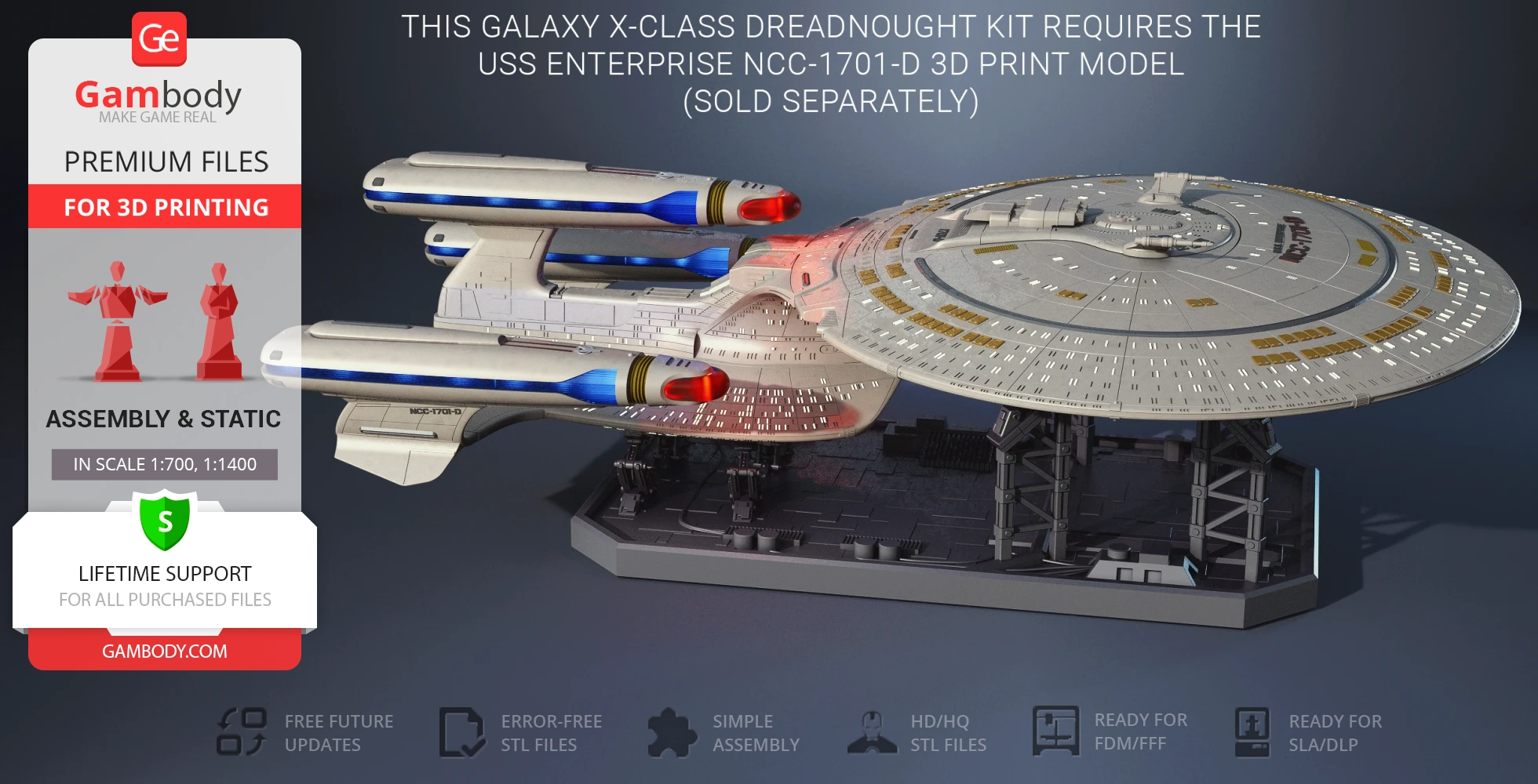 A detailed 3D model of the Galaxy X-Class Dreadnought starship from Star Trek.