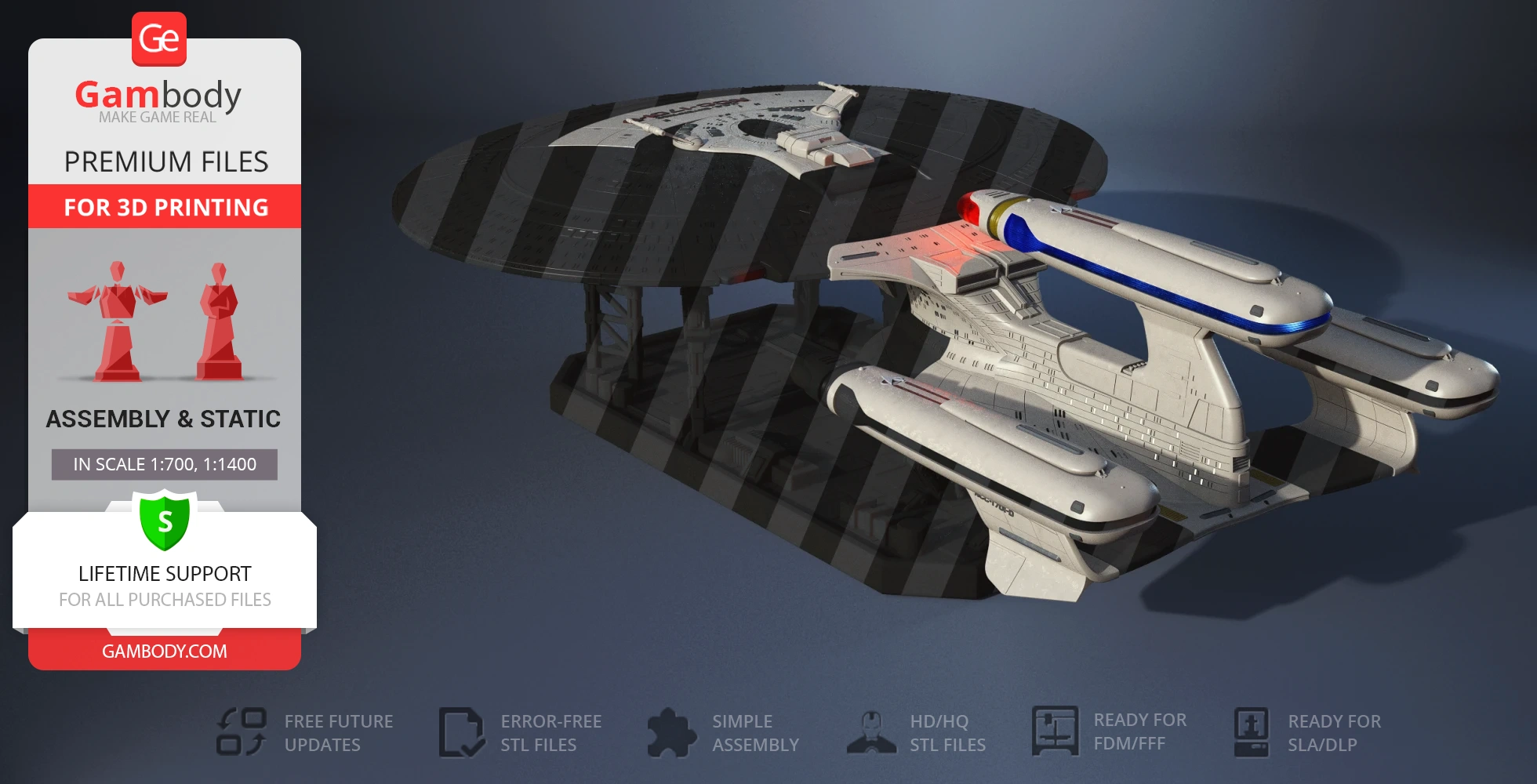 A detailed 3D model of the Galaxy X-Class Dreadnought from Star Trek for 3D printing.