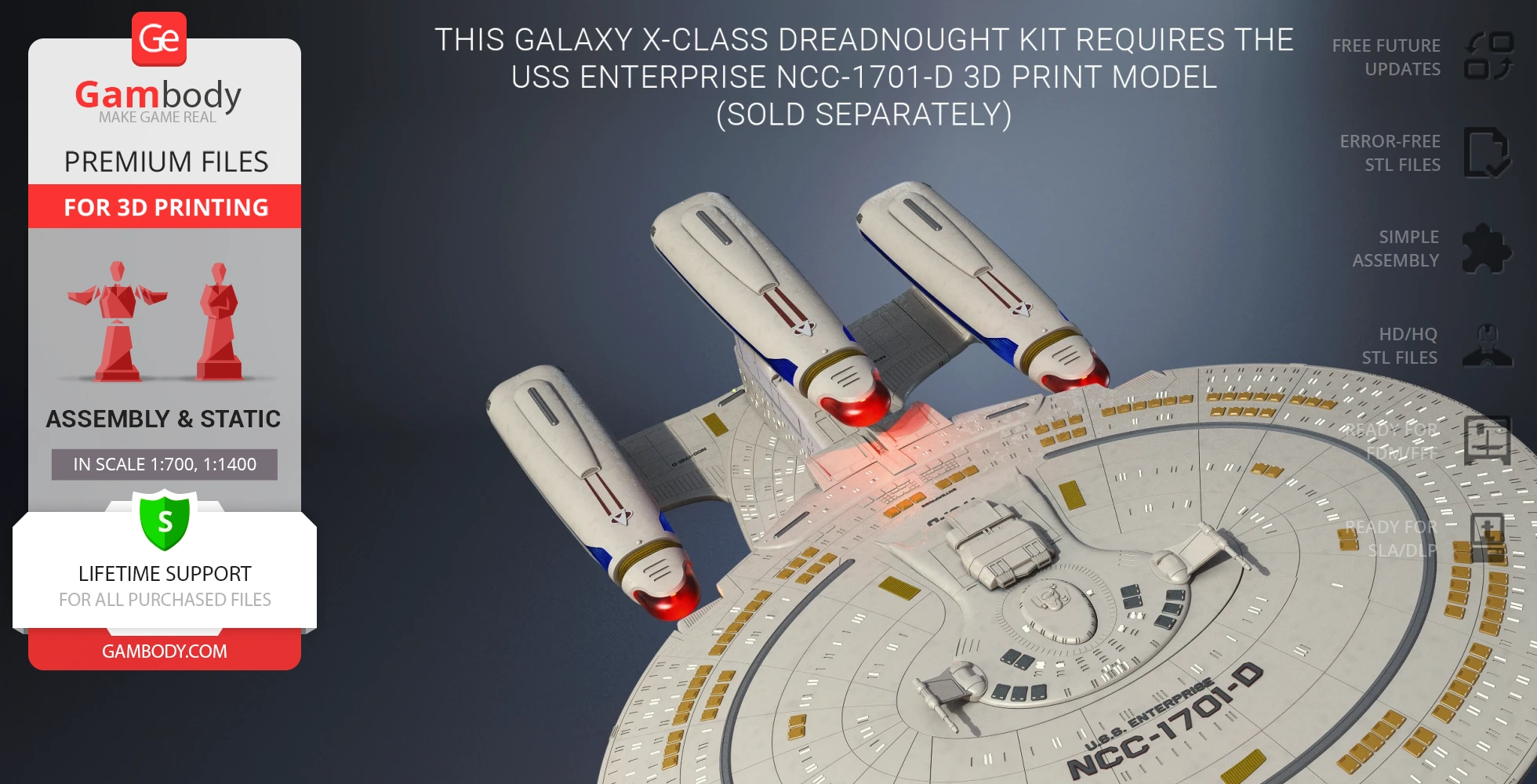 A detailed 3D model of the USS Enterprise NCC-1701-D with prominent nacelles for 3D printing.