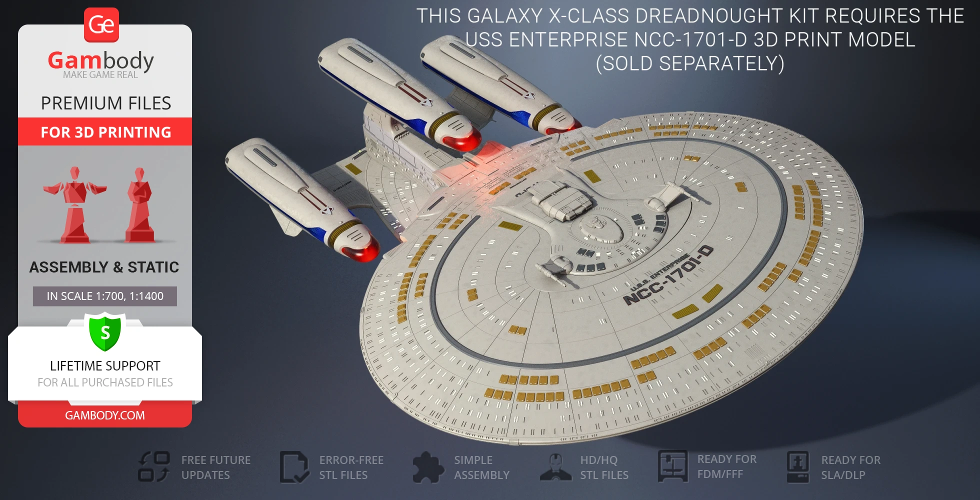 A detailed 3D model of a Galaxy X-Class Dreadnought from Star Trek, designed for 3D printing.