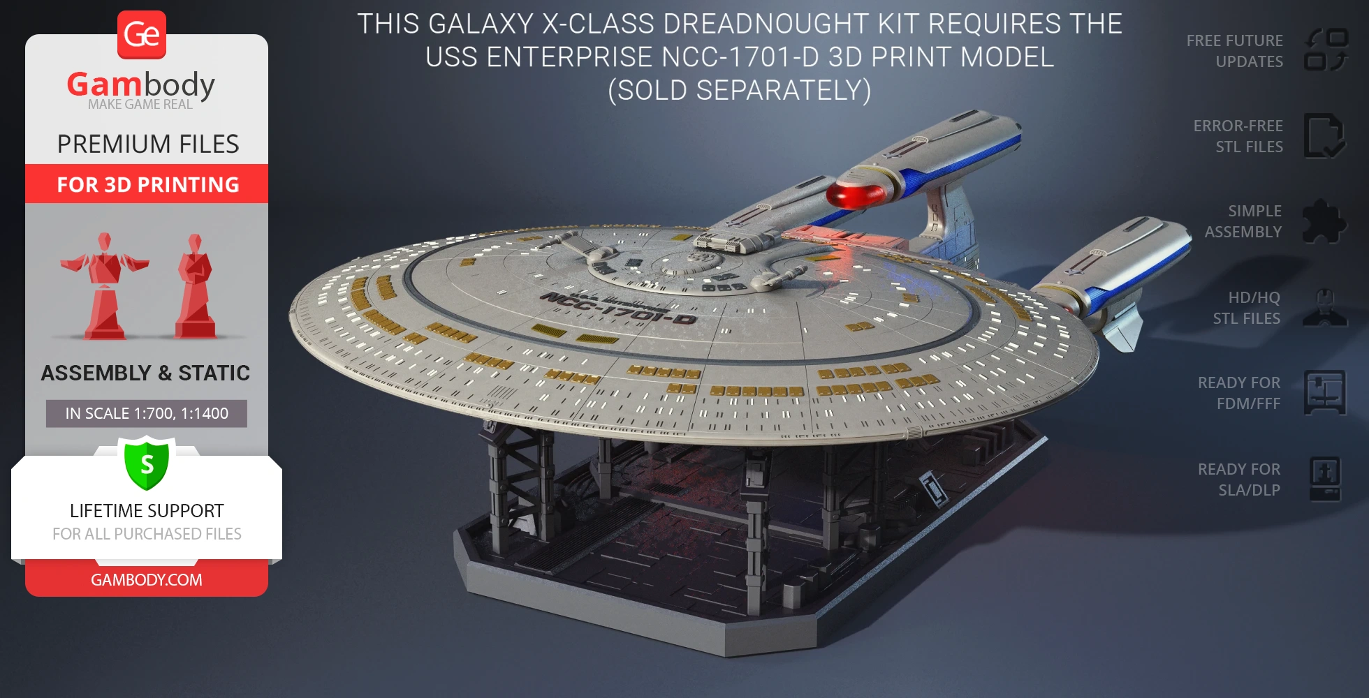 Detailed 3D model of a Star Trek Galaxy X-Class Dreadnought with assembly and printing info.