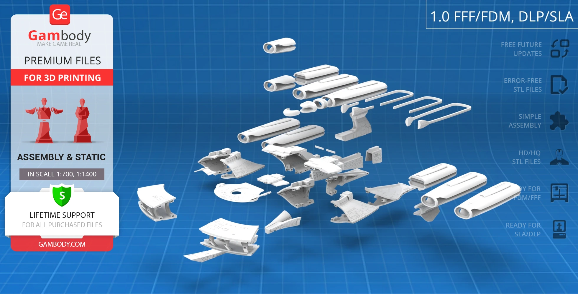 Exploded view of 3D printable parts for a Galaxy X-Class Dreadnought, displayed on a blue grid background.