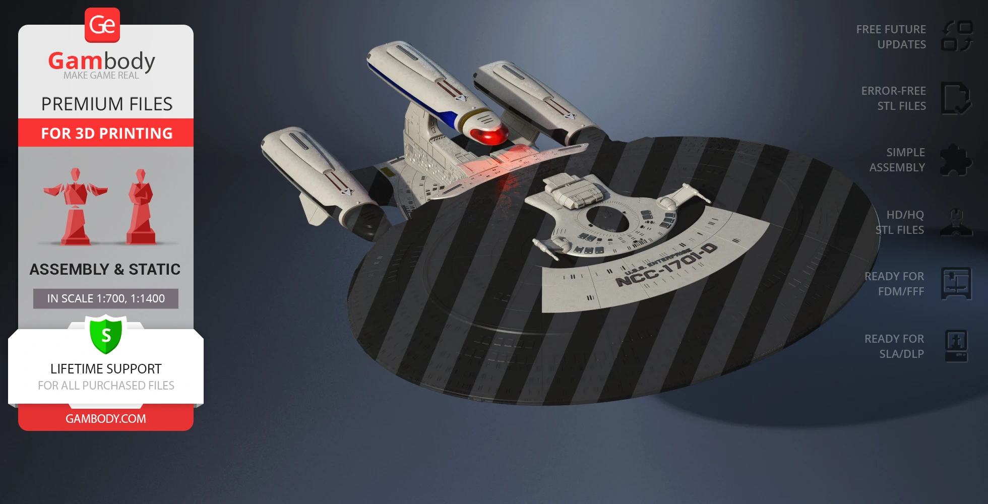 A 3D model of a Star Trek Galaxy X-Class Dreadnought ship ready for printing.