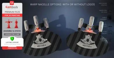 Two futuristic spaceship models with nacelle options, displayed for 3D printing, featuring detailed designs.