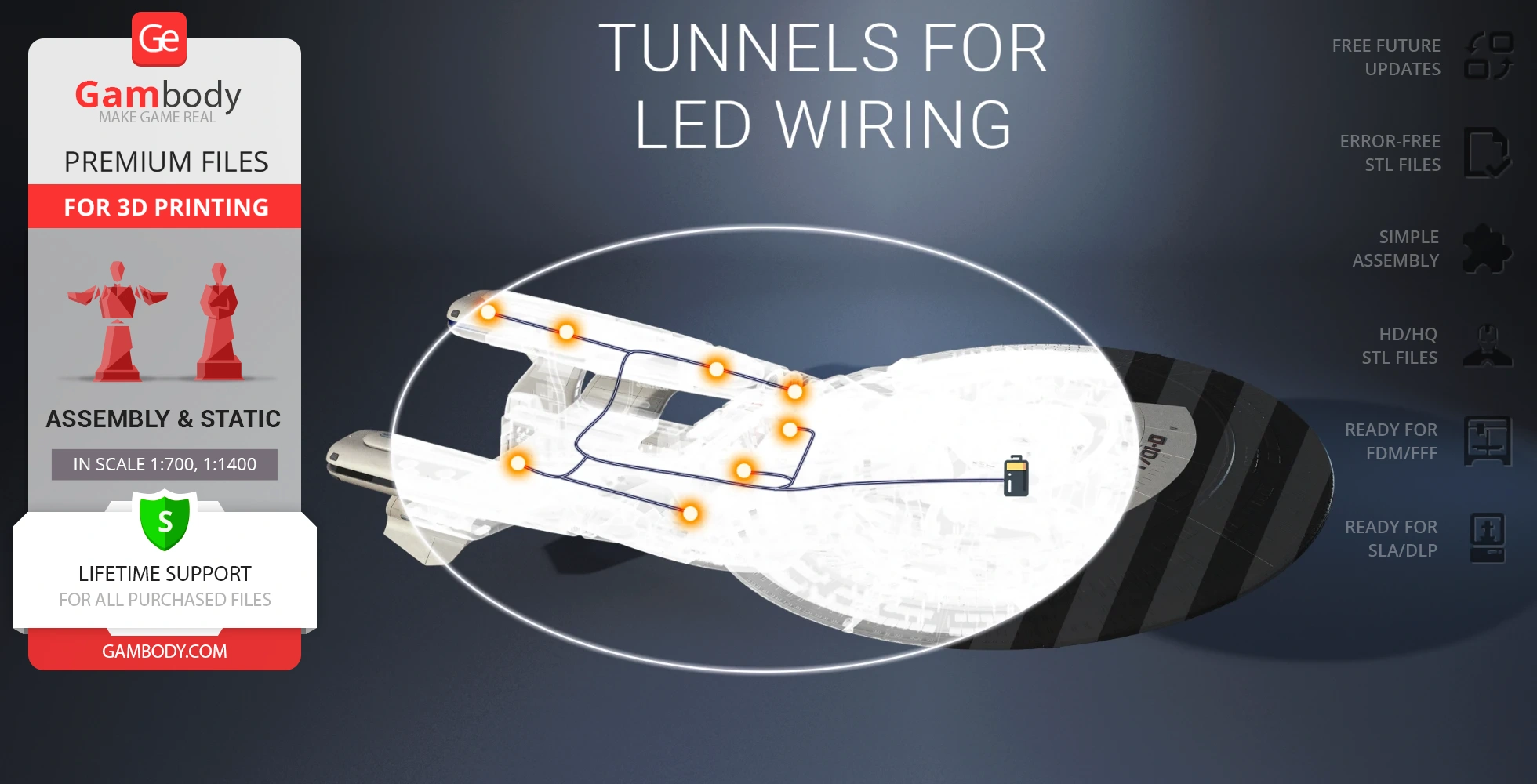Starship model with LED wiring tunnels highlighted for 3D printing by Gambody.