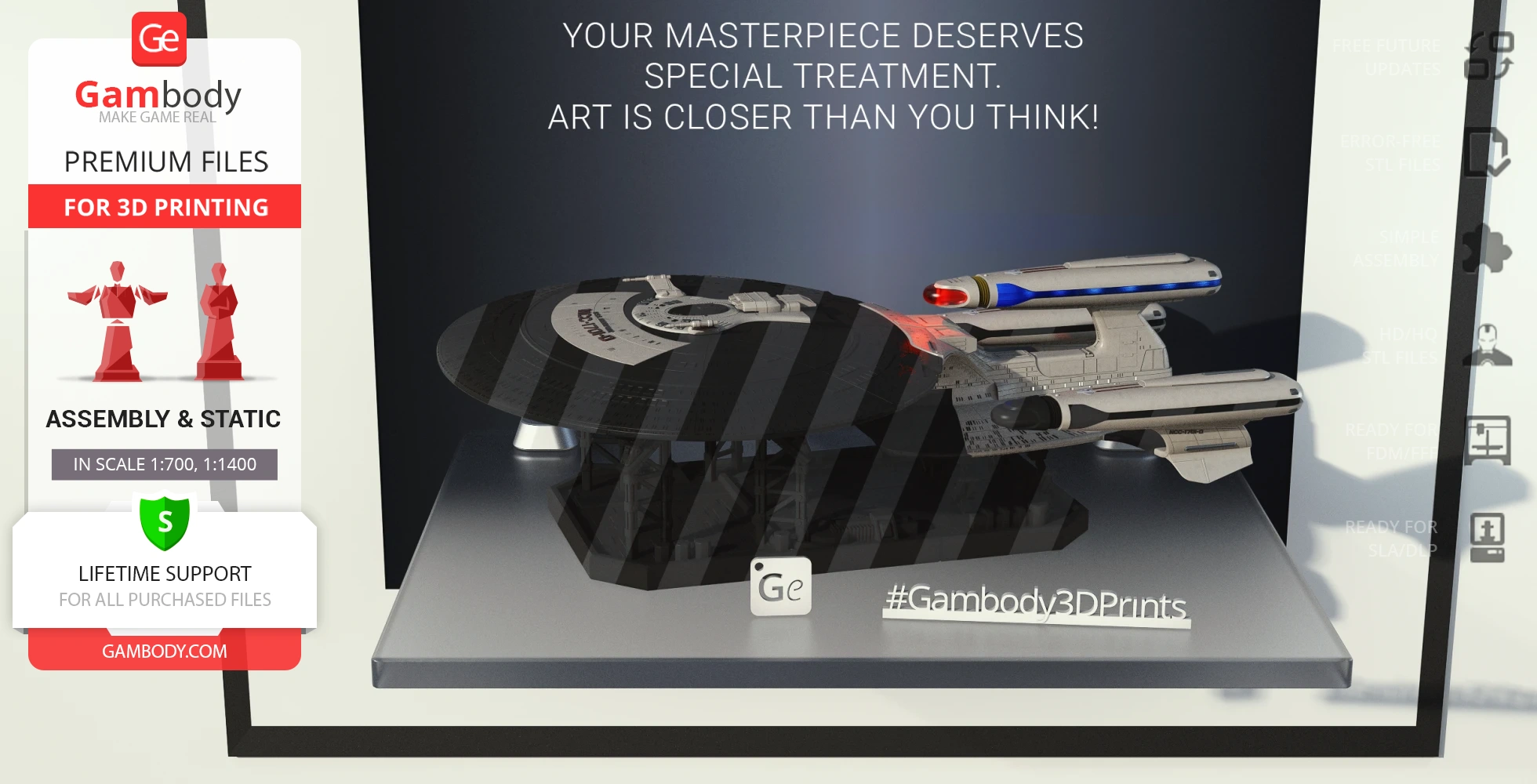 A detailed 3D model of a Galaxy X-Class Dreadnought starship from Star Trek on display.