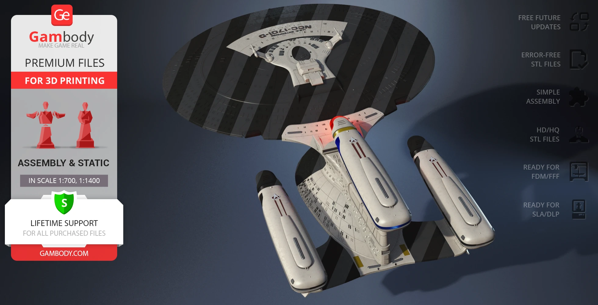 Futuristic starship model with saucer section and three cylindrical nacelles for 3D printing, shown on Gambody.