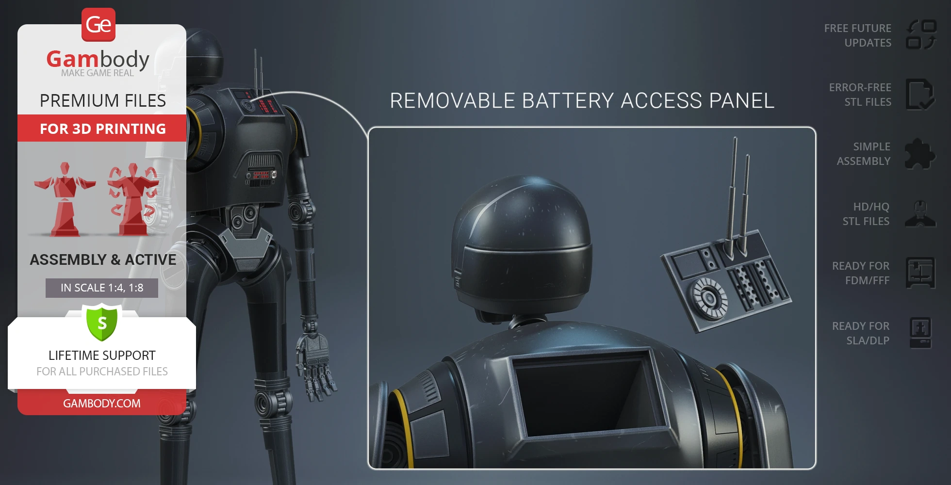 3D model of K-2SO from Star Wars with removable battery access panel, meant for 3D printing.