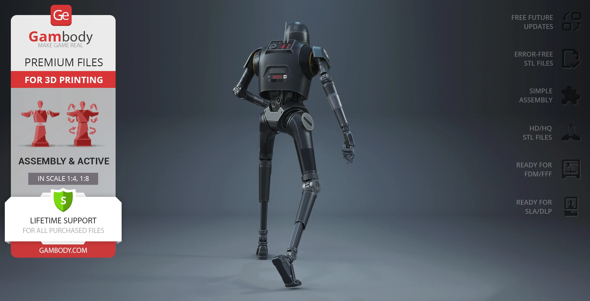 A sleek, dark, humanoid robot model, walking with its back facing the viewer, designed for 3D printing.