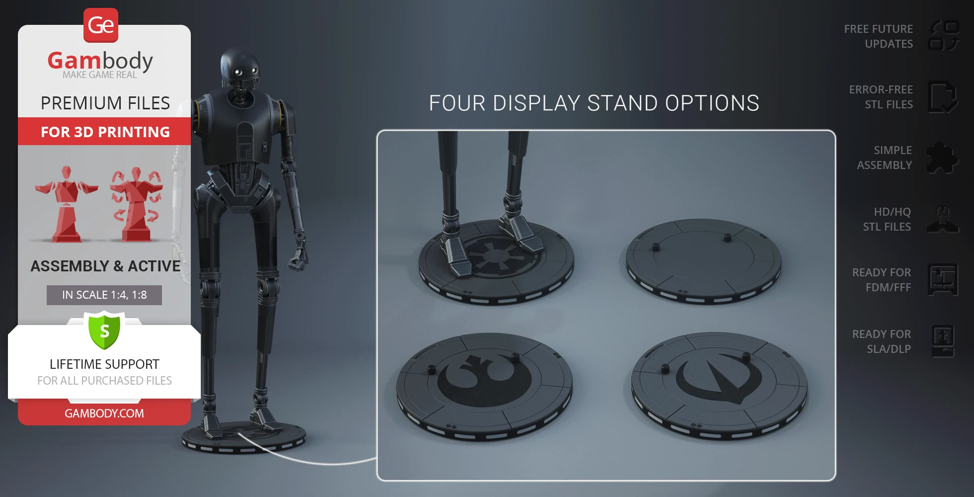 3D model of Star Wars droid K-2SO with four display stand options for 3D printing.