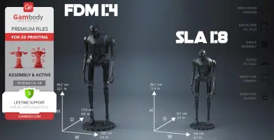 Two 3D models of the K-2SO droid in different scales (1:4 and 1:8) for 3D printing display.