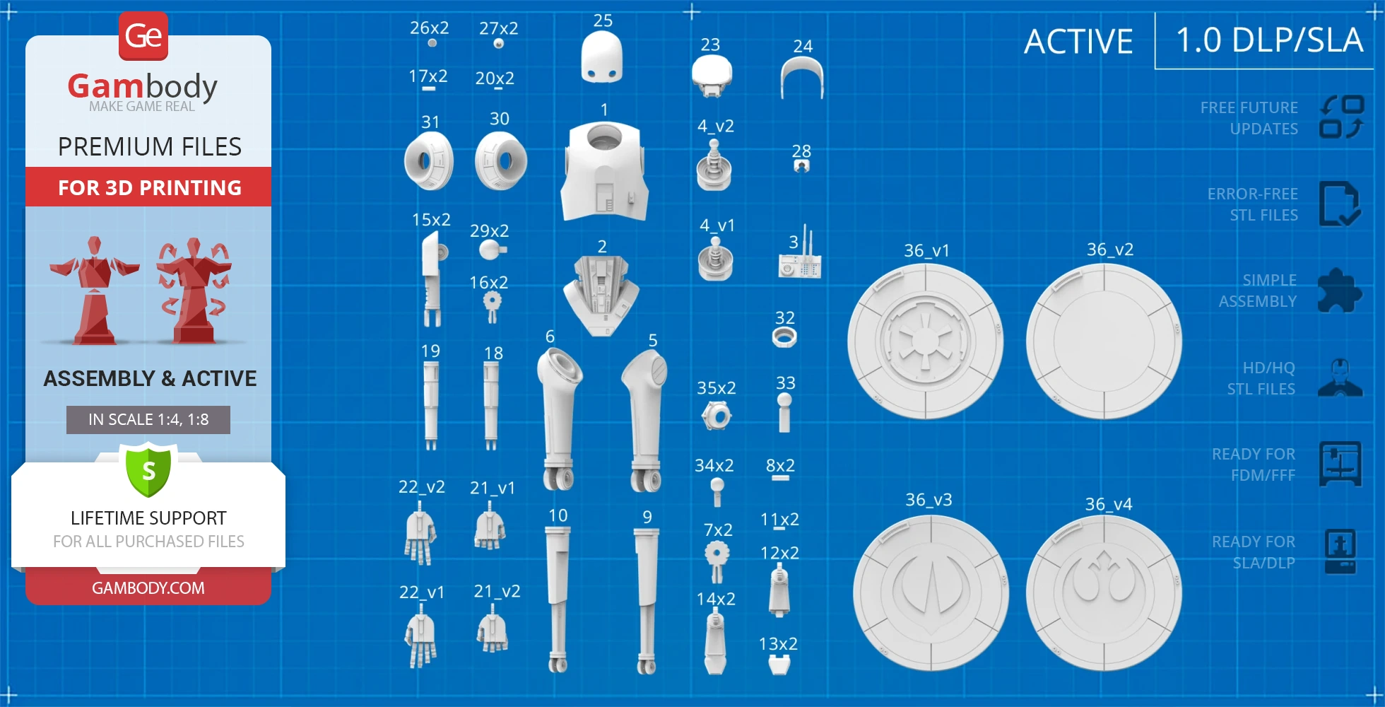 Blueprint of K-2SO 3D model parts for printing, featuring labeled components on a grid background.