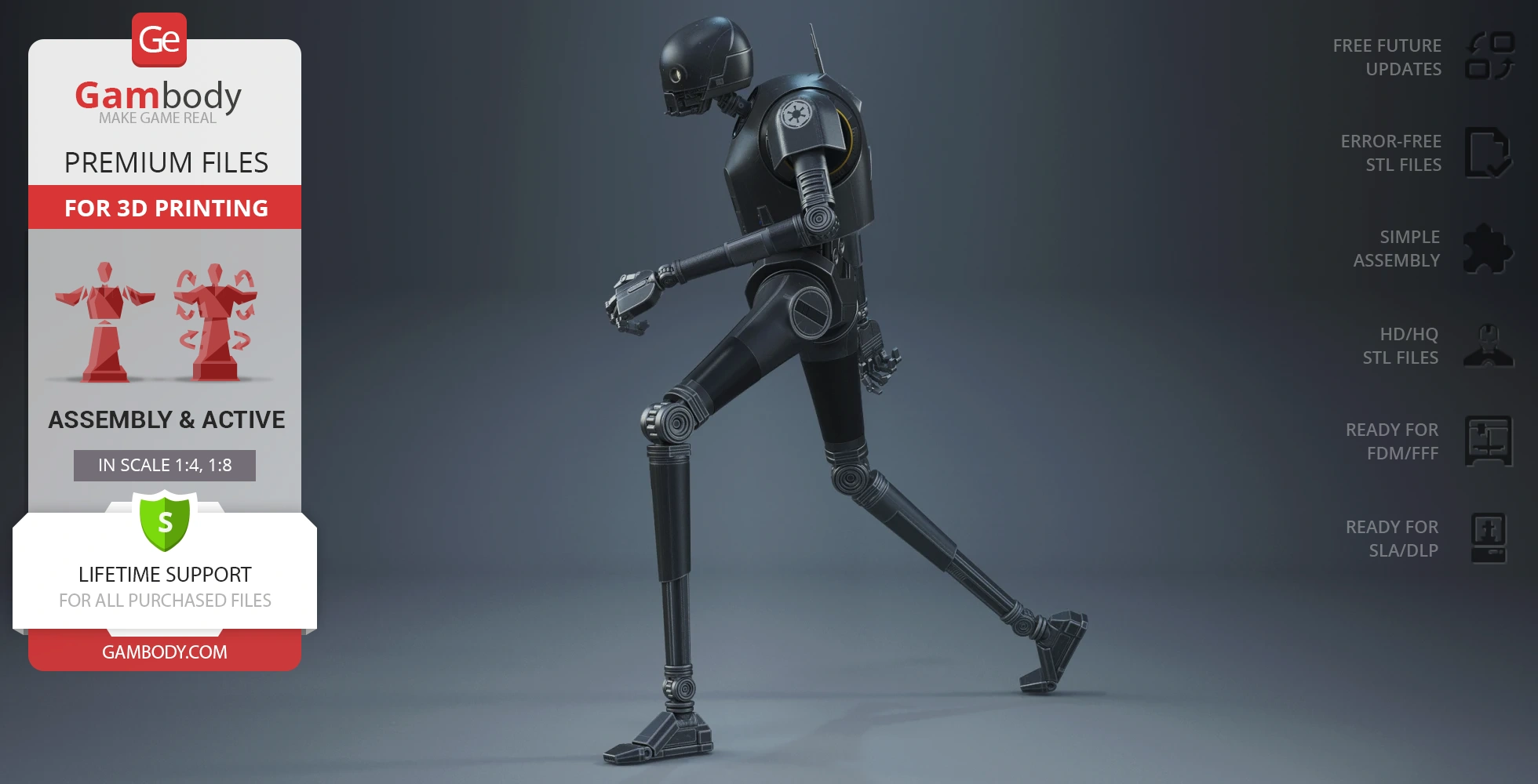 A detailed 3D model of K-2SO droid from Star Wars, designed for 3D printing, displayed in a walking pose.