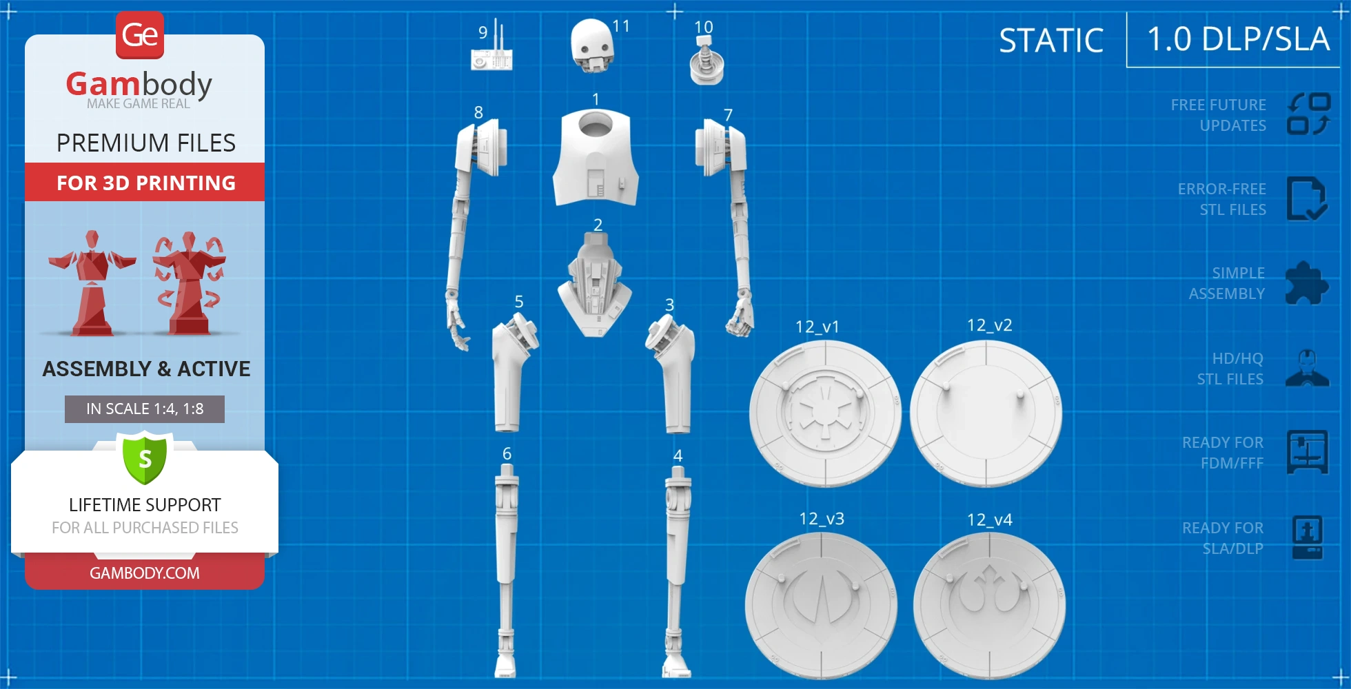 Blueprint layout of K-2SO droid model parts for 3D printing.