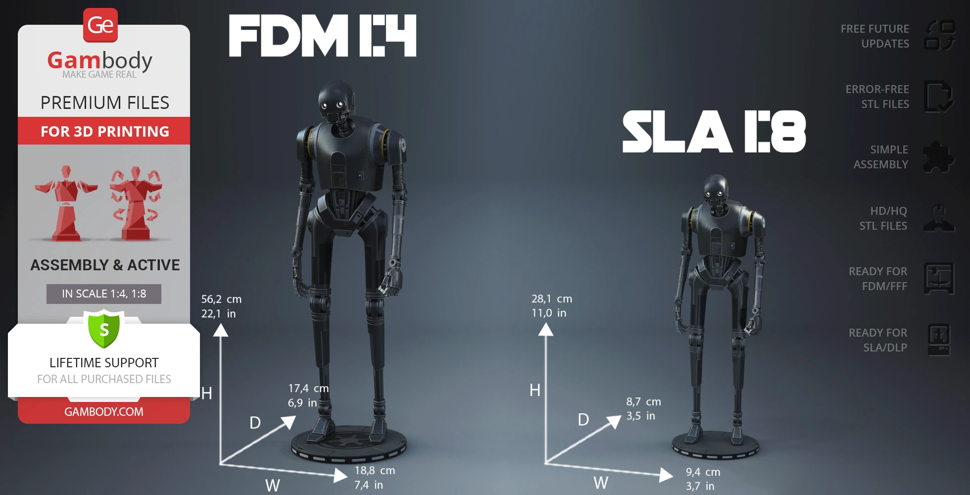 Two 3D models of the K-2SO droid in different scales (1:4 and 1:8) for 3D printing display.