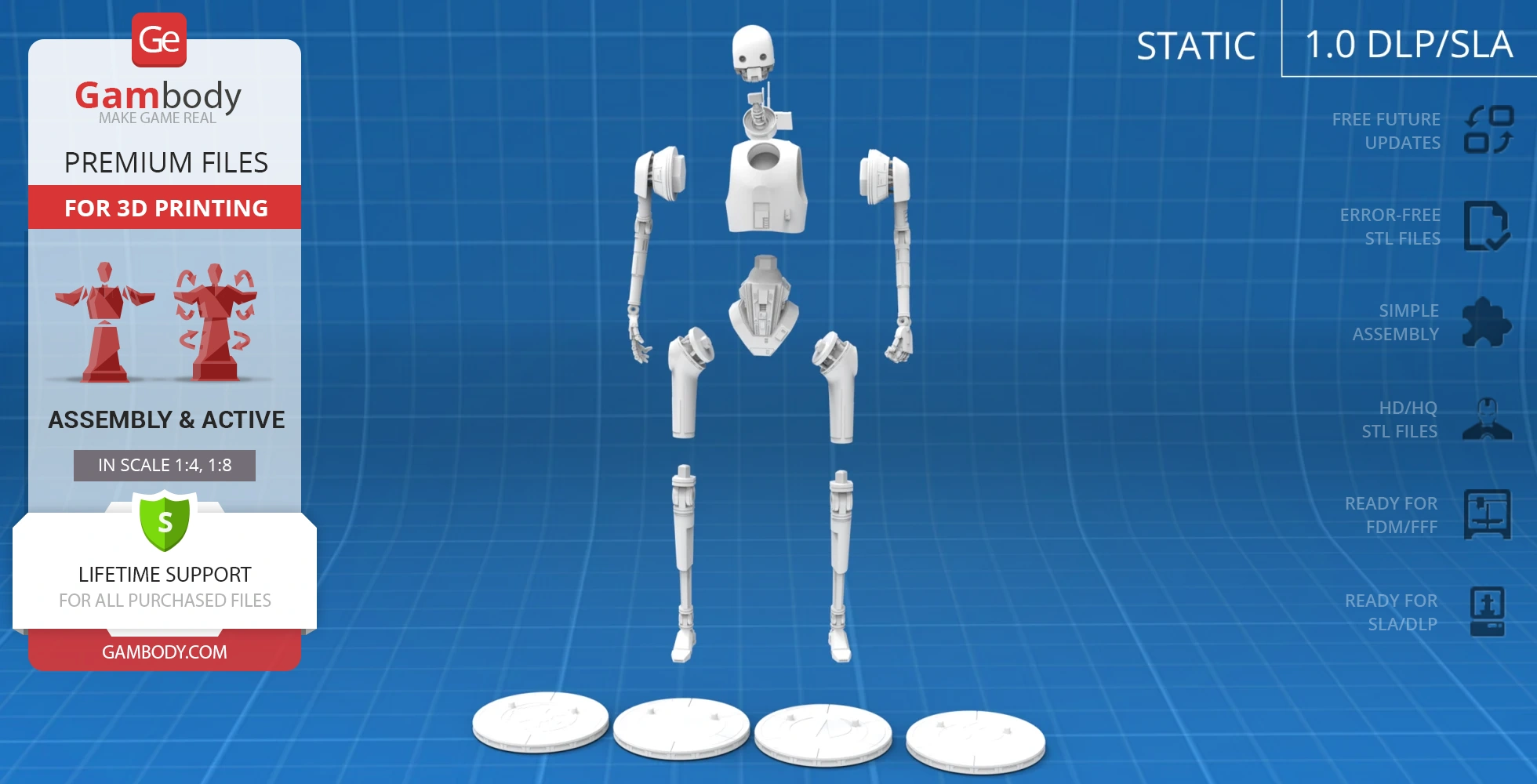 3D model parts of K-2SO droid from Star Wars, for assembly and 3D printing, displayed on a grid.