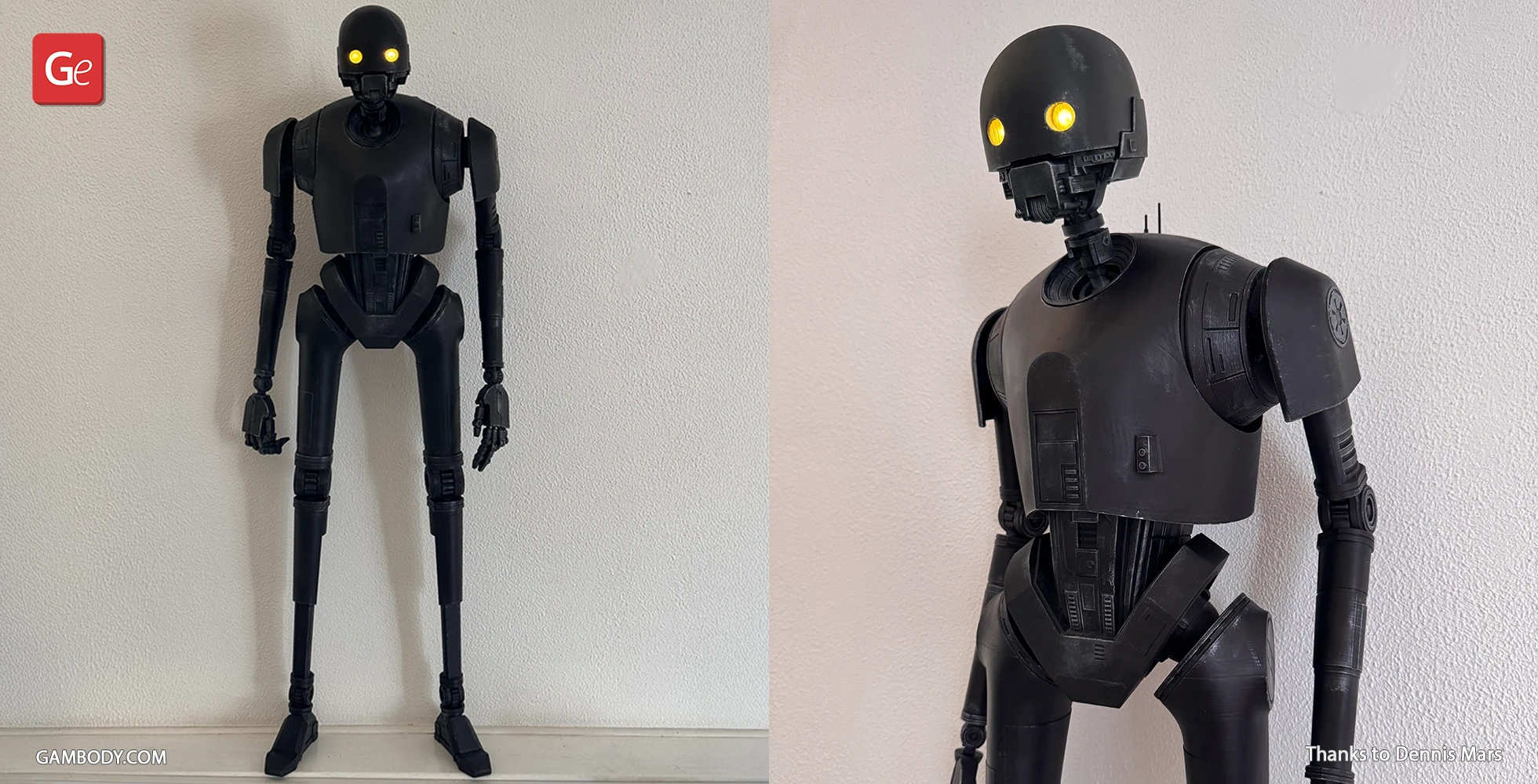 A detailed 3D-printed model of droid K-2SO from Star Wars, with glowing eyes.