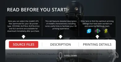K-2SO droid image, text with 3D printing instructions, options for file downloads, and settings guidance.