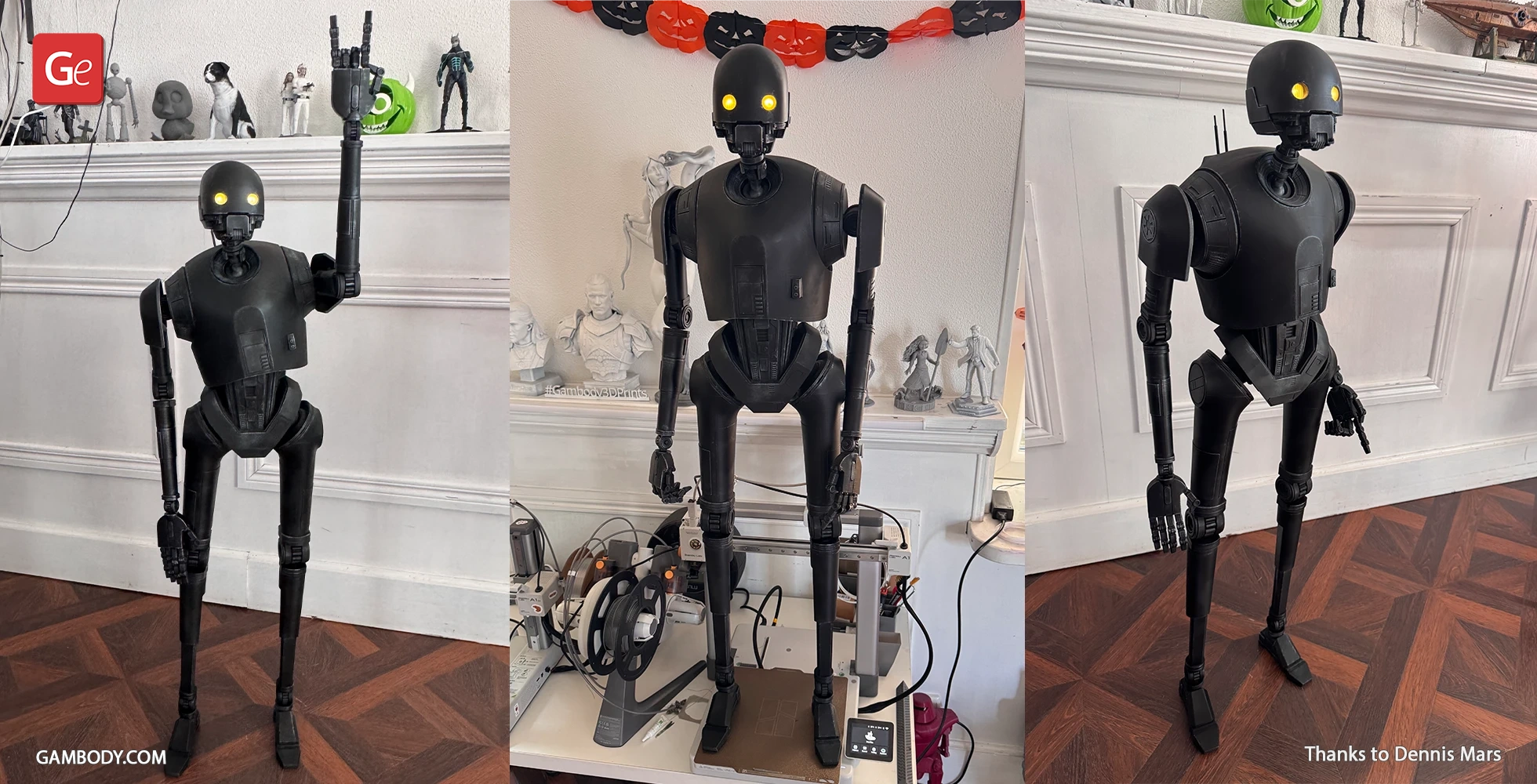 3D-printed black droid model with glowing eyes, standing in various poses.