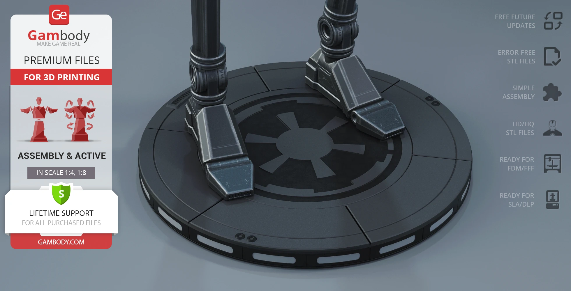 3D model of K-2SO's legs on a round base for 3D printing; sleek and detailed design.