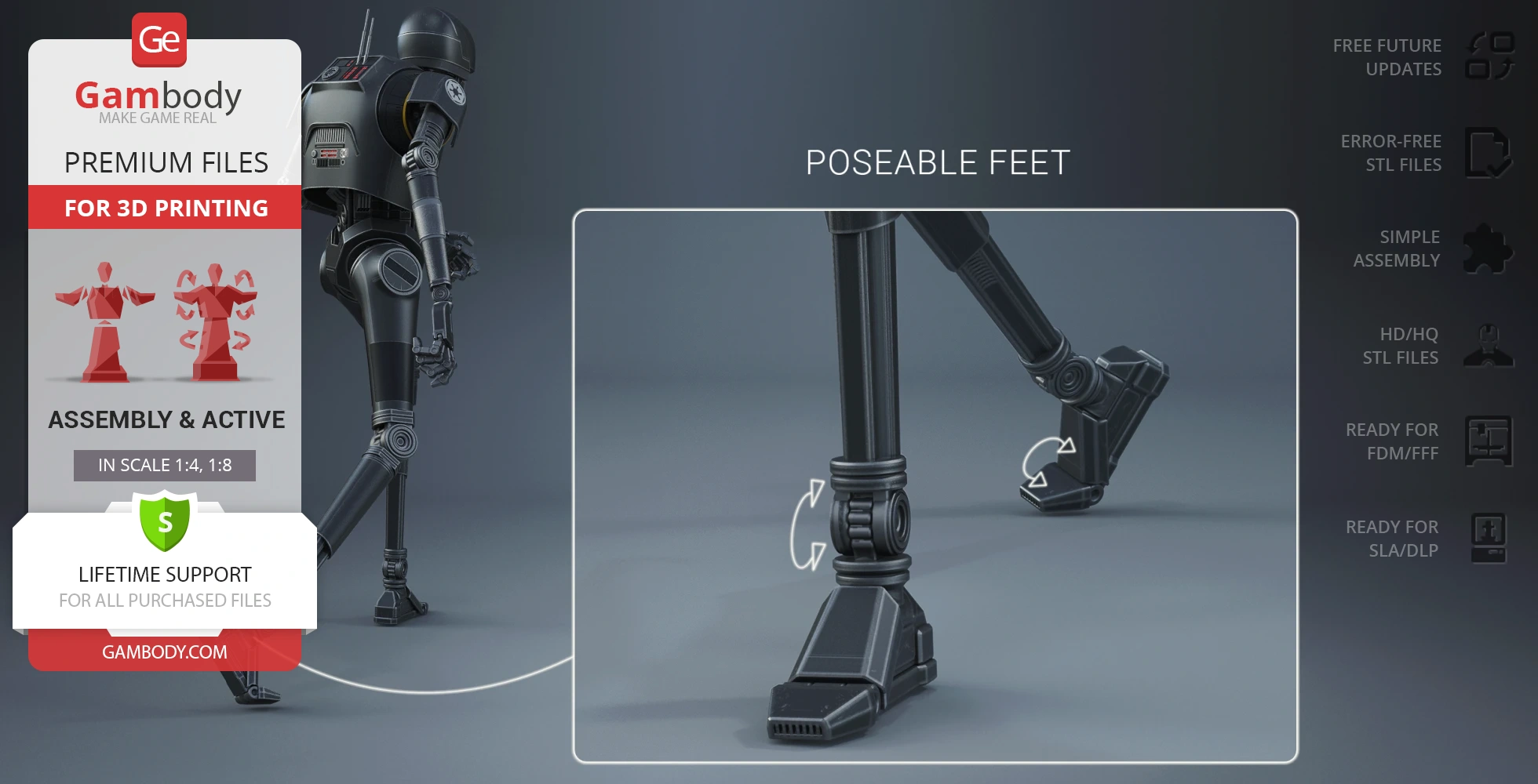 3D model of Star Wars droid K-2SO with poseable feet, designed for 3D printing, displayed on Gambody.