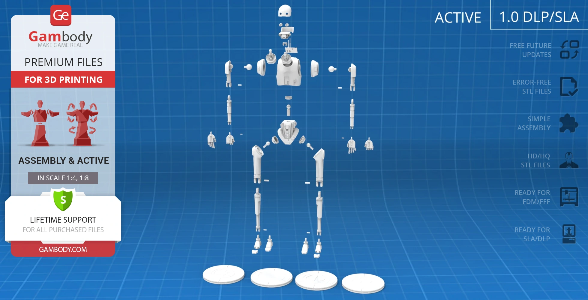 Exploded view of 3D-printable K-2SO model parts on a grid background.