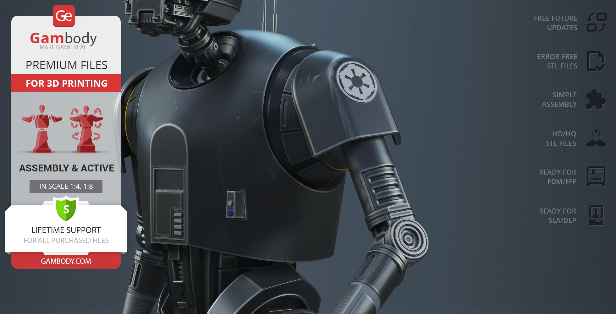 Detailed 3D model of K-2SO droid from Star Wars, ready for 3D printing, shown on Gambody poster.