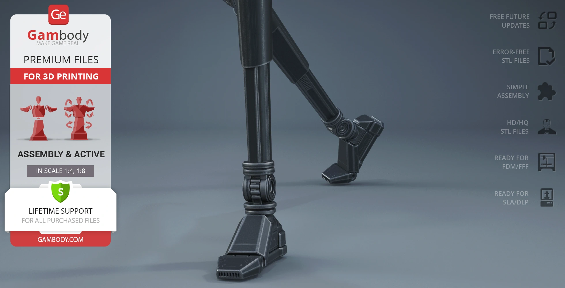 Close-up of K-2SO droid legs, ready for 3D printing, with assembly and support details on the left.