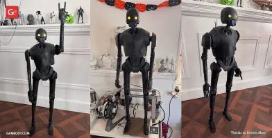 3D-printed black droid model with glowing eyes, standing in various poses.