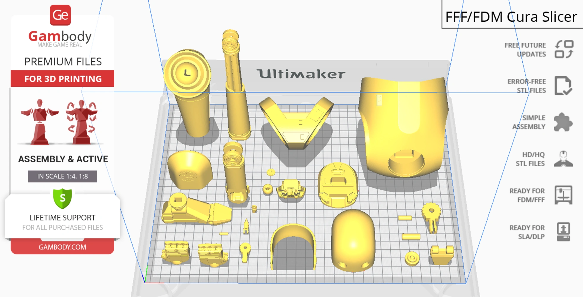 Arrangement of 3D-printed parts for assembling the Star Wars K-2SO droid model in Cura Slicer.
