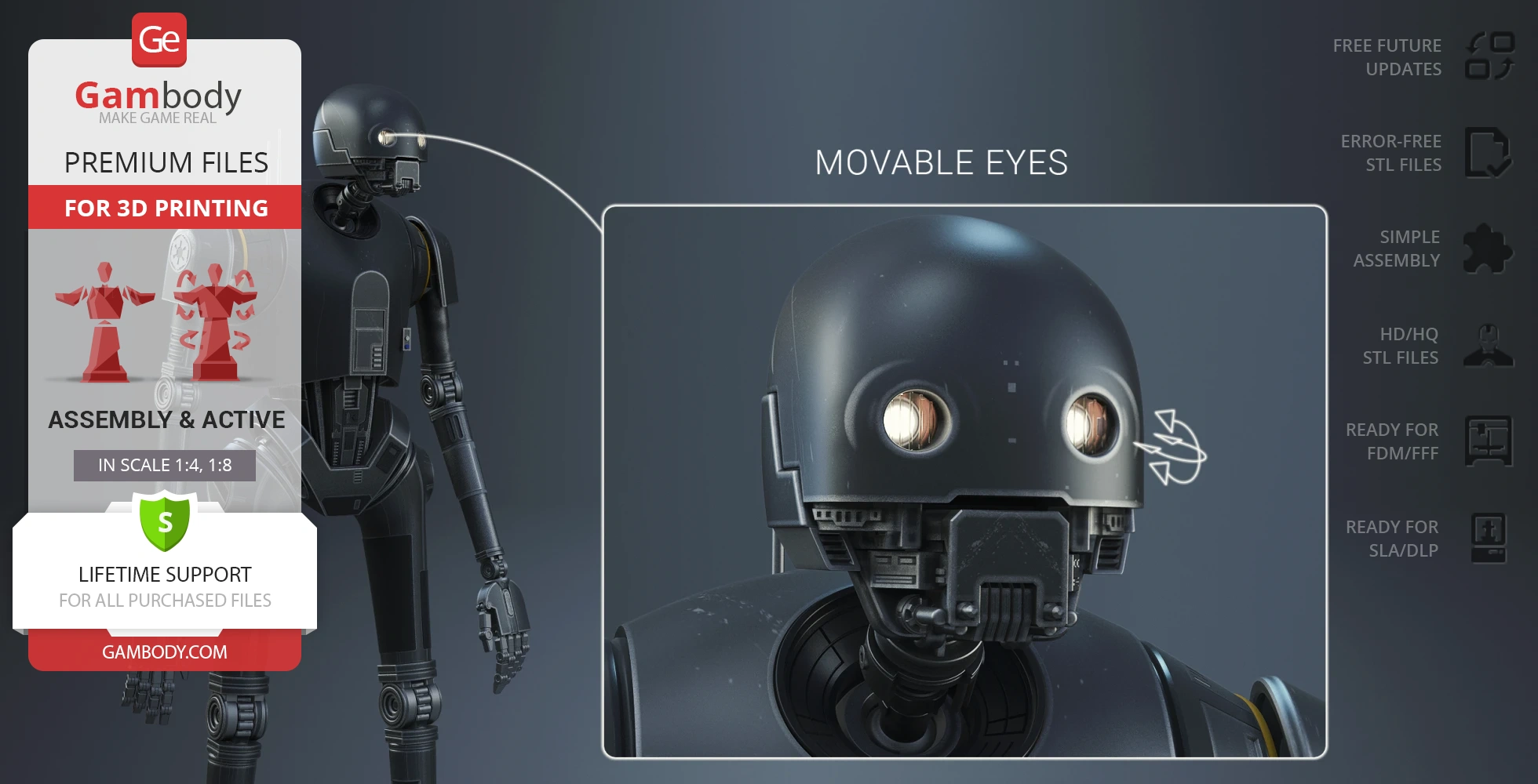 Robot model K-2SO from Star Wars. Features movable eyes, designed for 3D printing on Gambody.