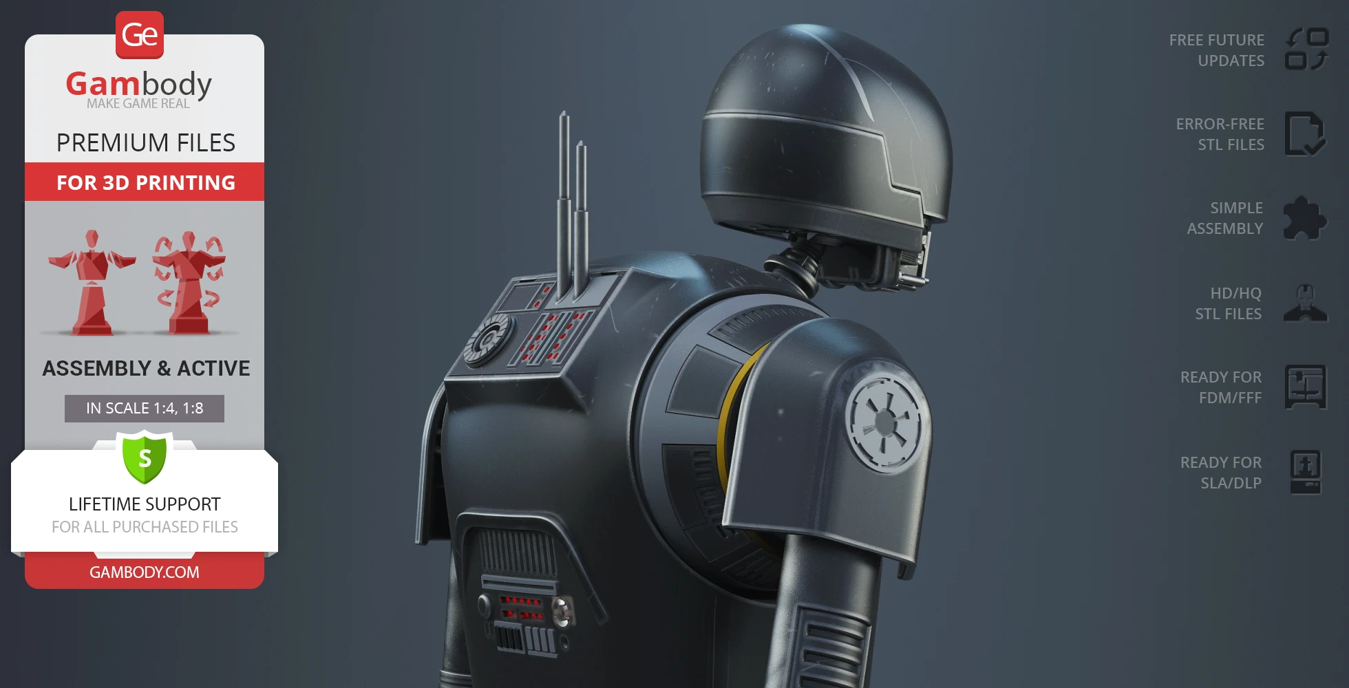 3D model of K-2SO droid from Star Wars, showing detailed back and shoulder design, for 3D printing.