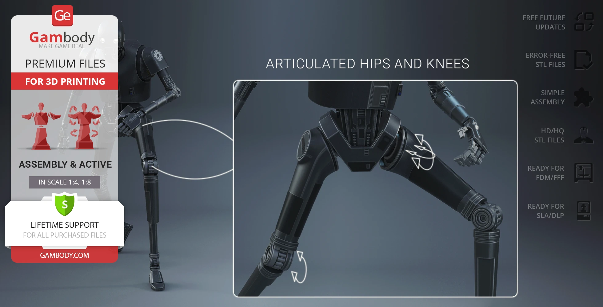 3D printable model of K-2SO droid with articulated hips and knees, shown with assembly features.