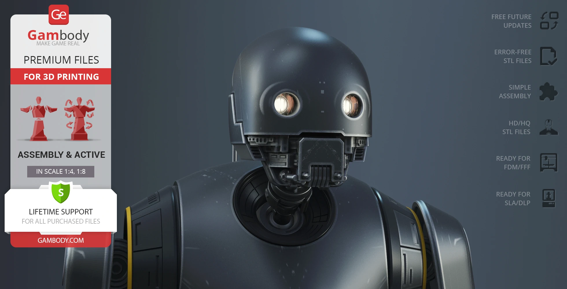 A detailed 3D rendering of K-2SO, a droid from Star Wars, with printing details from Gambody.
