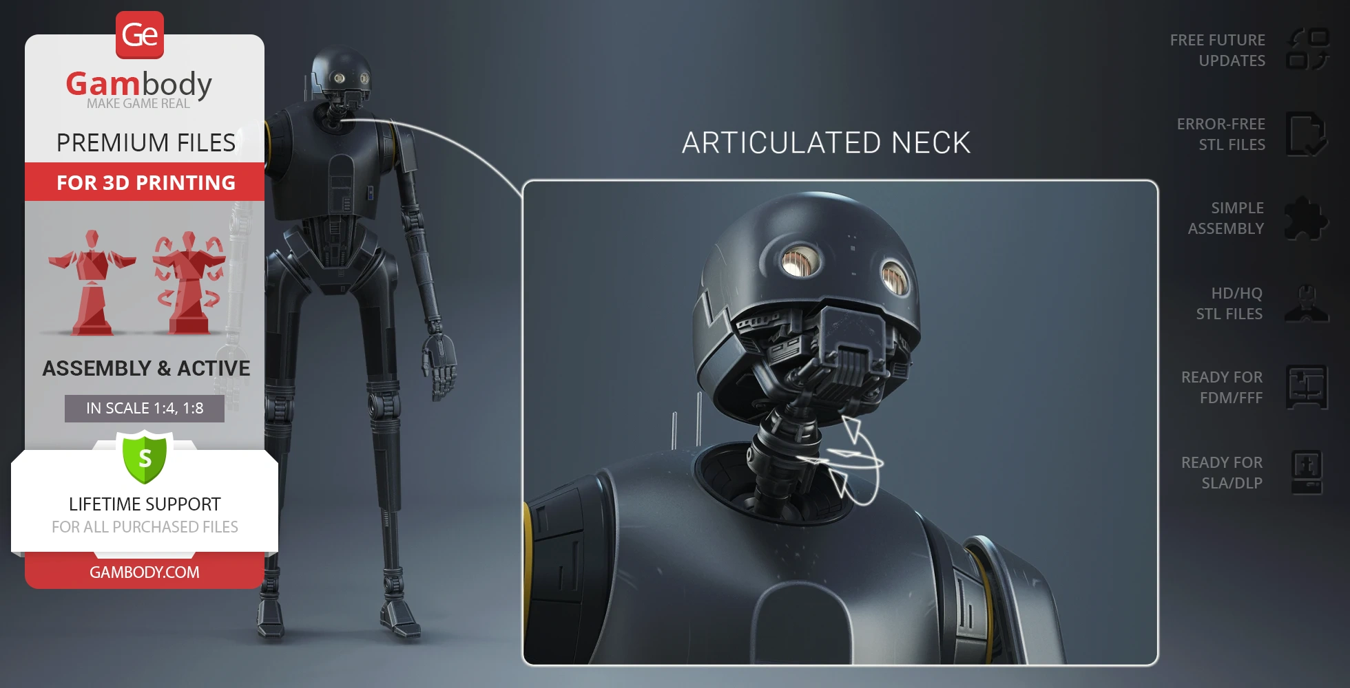 Model of K-2SO droid from Star Wars, featuring articulated neck for 3D printing.