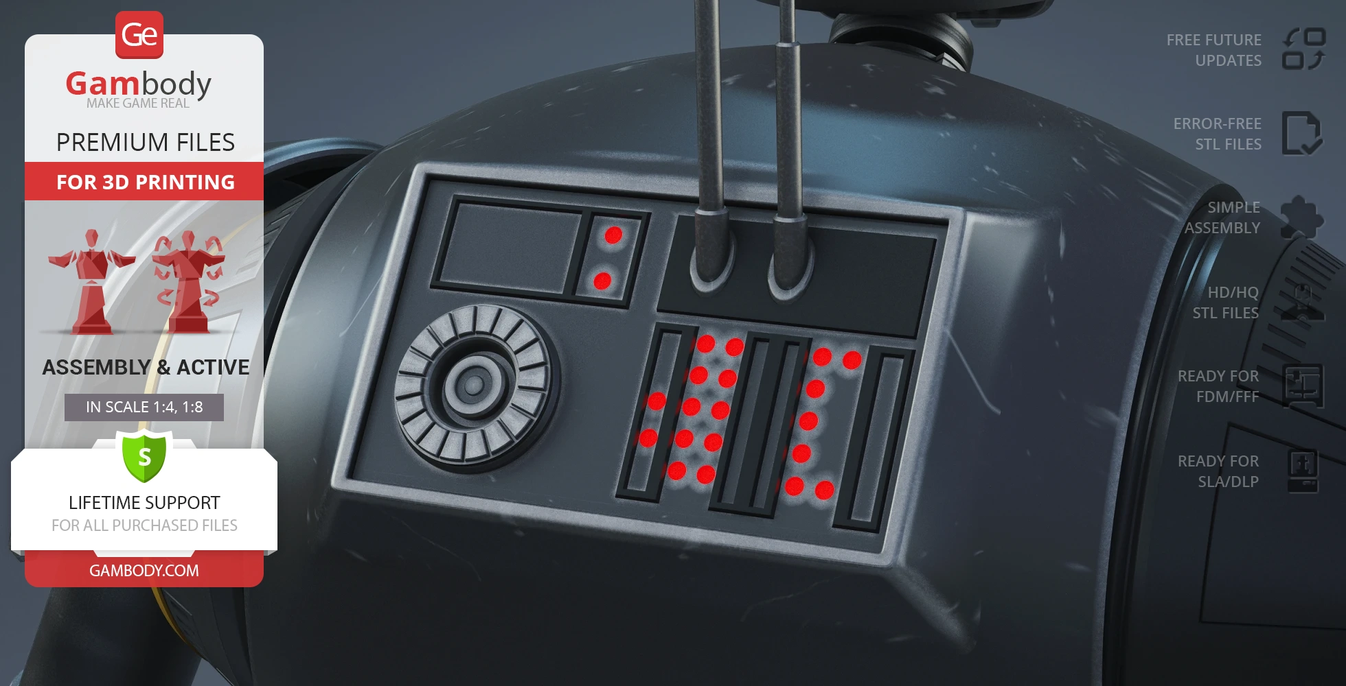Close-up of K-2SO droid chest panel with buttons and dials for 3D printing by Gambody.