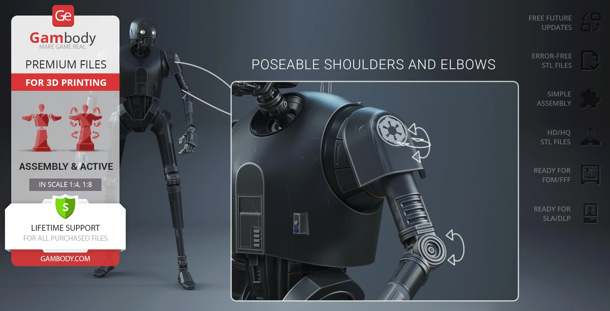 3D model of Star Wars droid K-2SO for printing, with poseable joints and premium STL files.