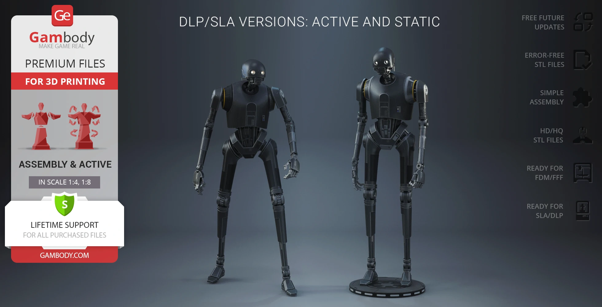 Two detailed 3D models of K-2SO droid for printing; one in active pose, the other static.