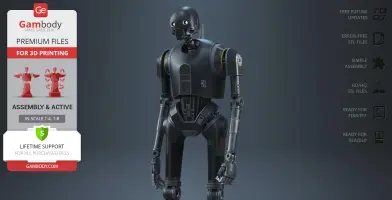 A detailed 3D model of the K-2SO droid from Star Wars, designed for 3D printing by Gambody.