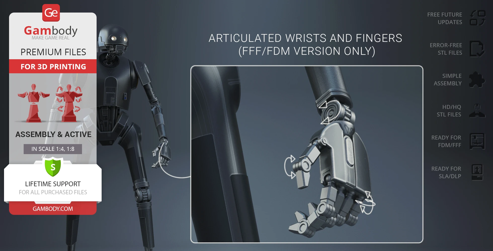 3D model of K-2SO droid from Star Wars, featuring articulated wrists and fingers for printing.