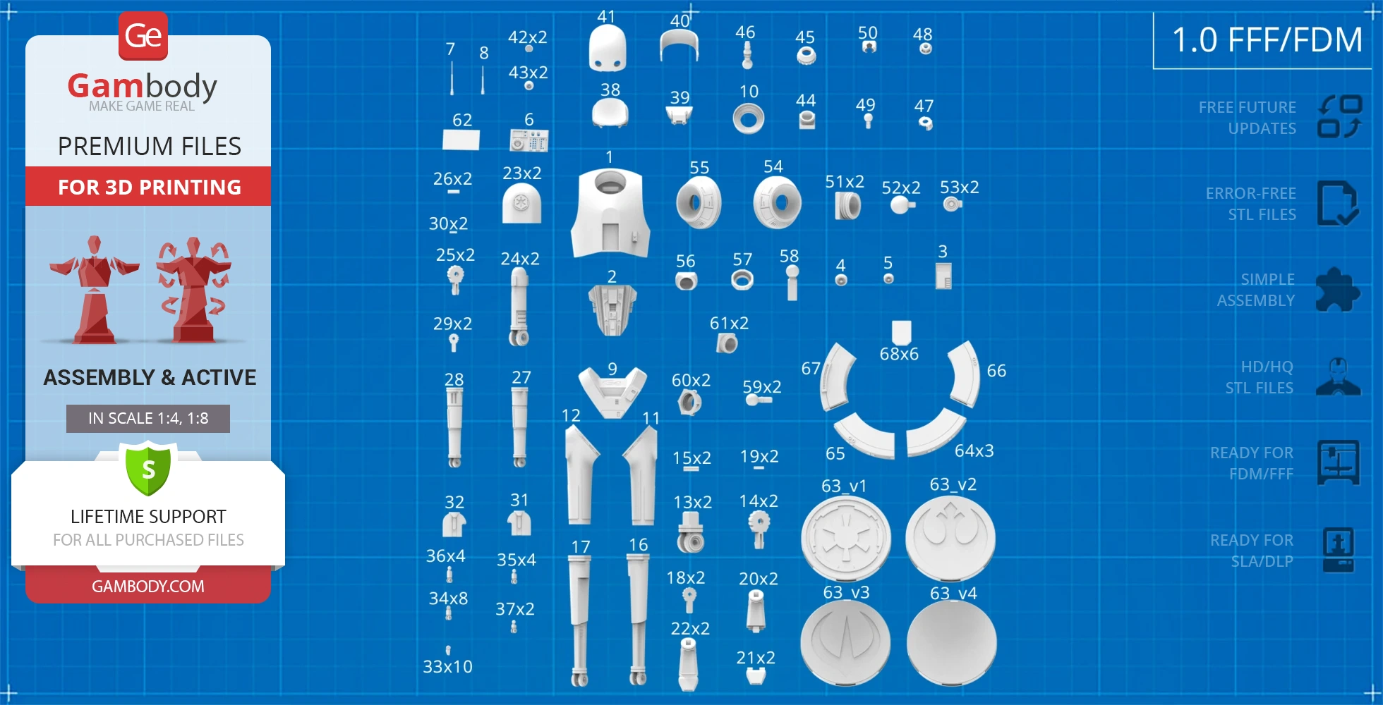 Blueprint layout of K-2SO 3D model parts for printing, labeled and organized on a grid.