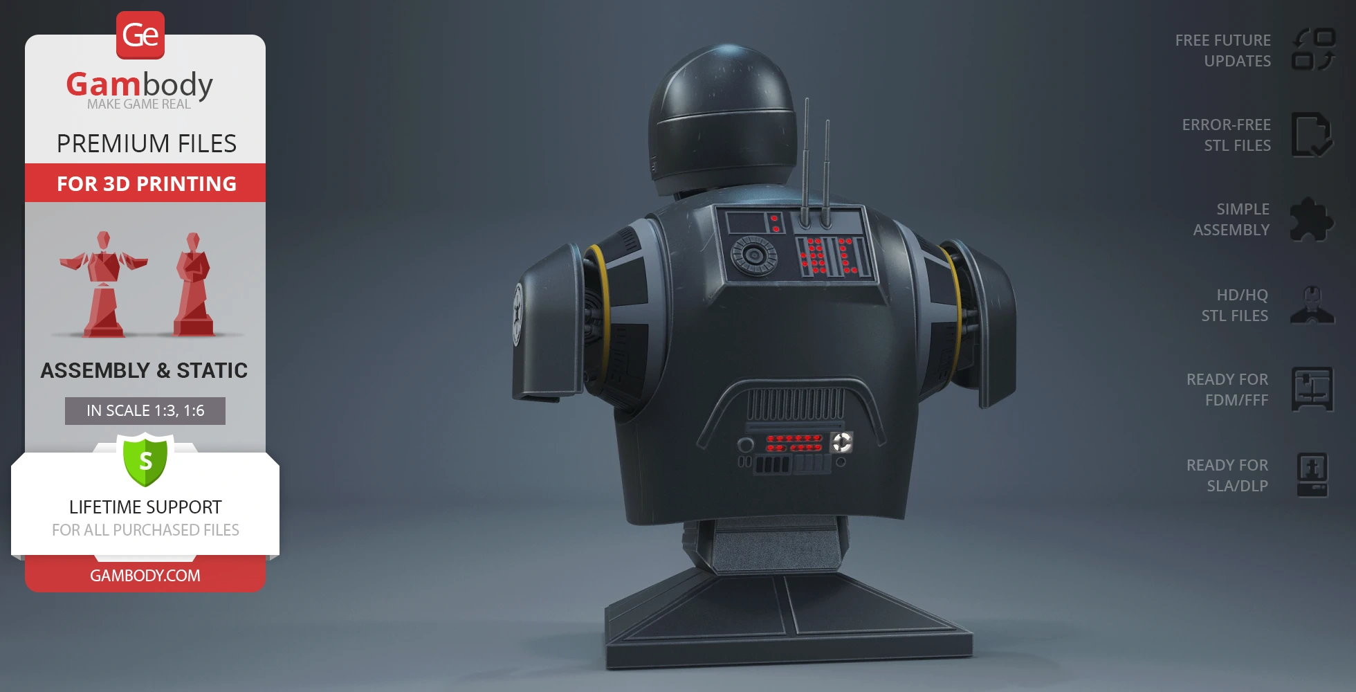 Bust of K-2SO from Star Wars, detailed for 3D printing, shown from the back.