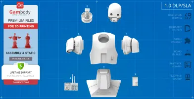 Layout of 3D-printable parts for K-2SO bust, including head, torso, and arm segments on blueprint background.