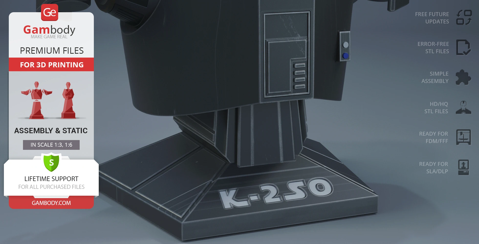 K-2SO bust model for 3D printing with 'K-2SO' on the base, displayed by Gambody.